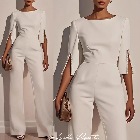 Lovely Rosetta Pants - Wide-Leg Ivory Jumpsuit with Slit-Sleeve Detail